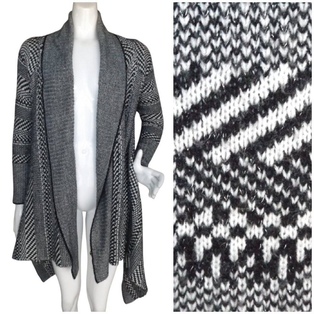 BEBE Cardigan Sweater, S, Geometric/Stripe, Open front, Asymmetric, Shawl collar